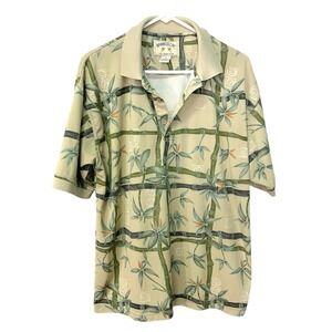 Bamboo Cay Medium Tan Polo Shirt Bamboo Print Aerocool‎ Resort Tropical Tiki